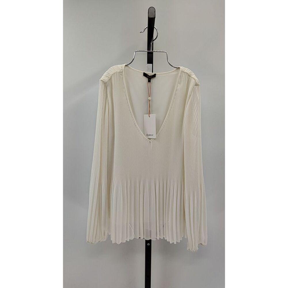 Quince Cream Pleated Long-Sleeve V-Neck Blouse